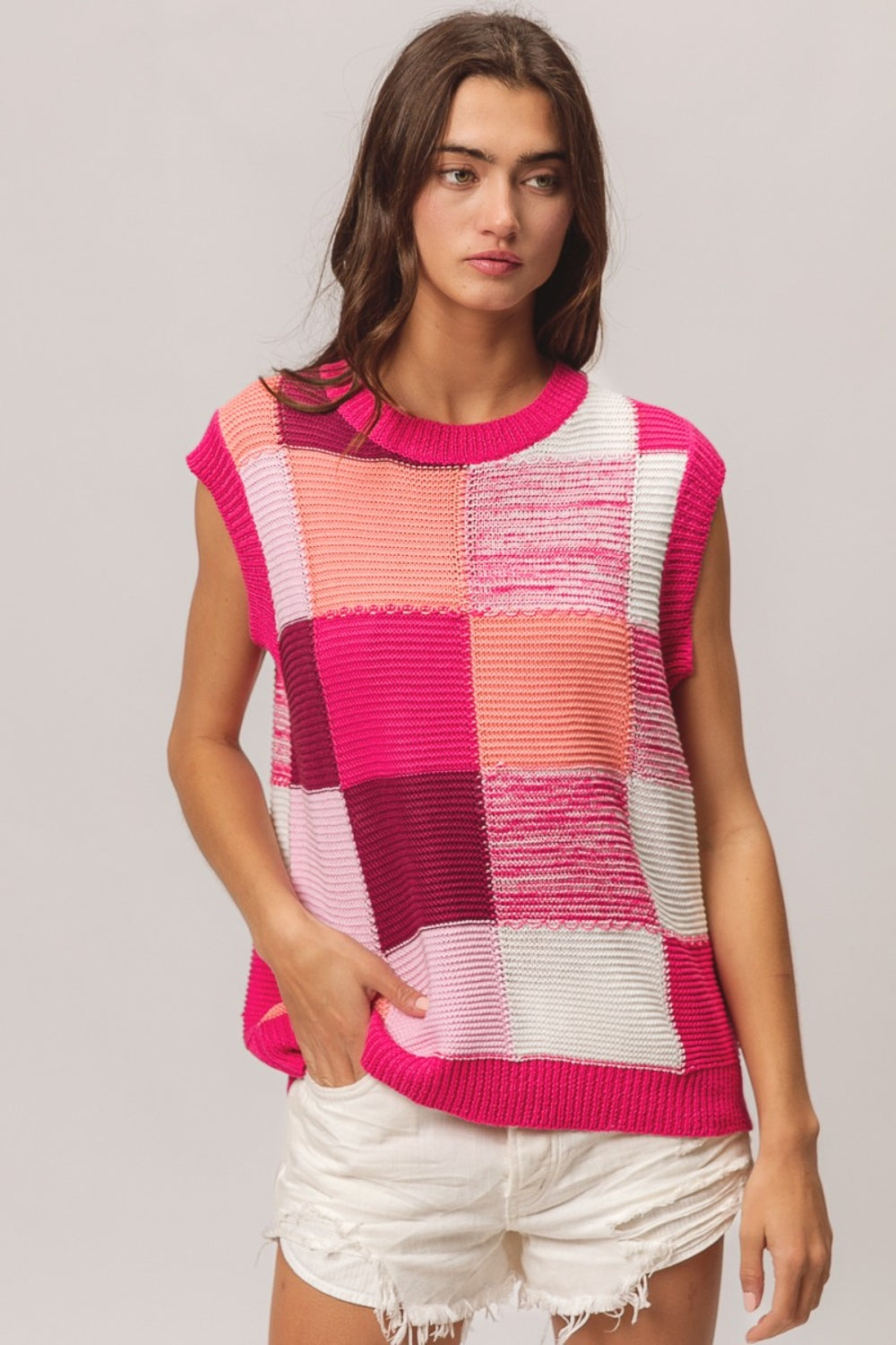 BiBi Color Block Round Neck Sweater Vest BiBi Color Block Round Neck Sweater Vest
